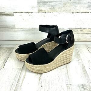 Marc Fisher Womens 9 Black Leather Buckle Platform Espadrille Sandals NEW